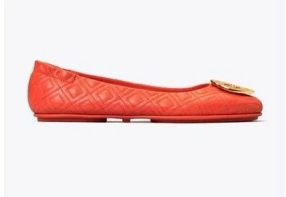 Tory Burch Minnie Quilted Leather Ballet Flats Vibrant Orange Fall Preppy Sz 6.5